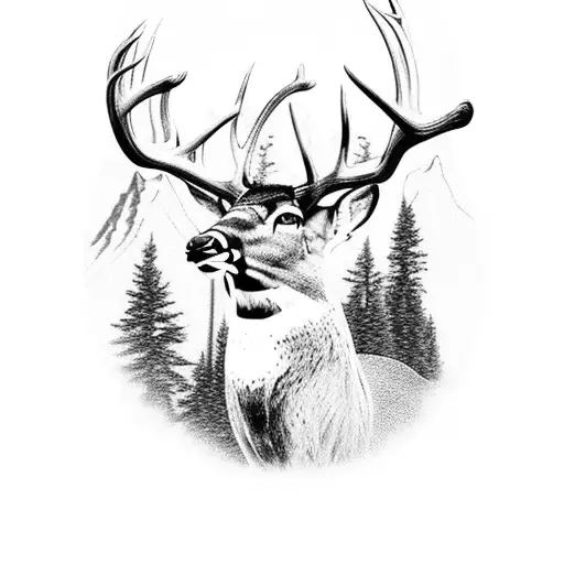 ultra realistic large buck deer with mountains, waterfalls, and trees in background  tattoo design idea