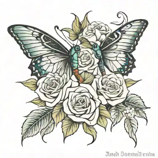 eddy roses with butterfly and hummingbird  tattoo design idea