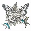 eddy roses with butterfly and hummingbird  tattoo design idea