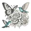 eddy roses with butterfly and hummingbird  tattoo design idea