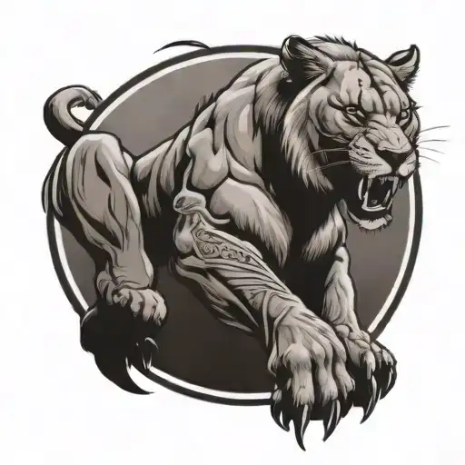 A powerful lioness in a martial arts stance, surrounded by weapons of war tattoo design idea