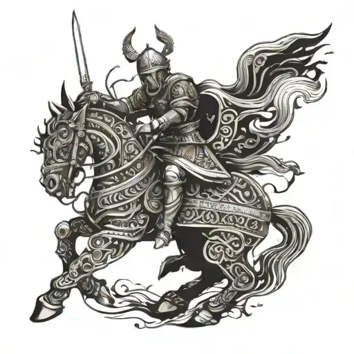 Depict a Ukrainian warrior riding a mythical creature into battle, with intricate weapon details tattoo design idea