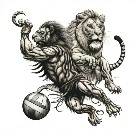 A scorpion playing a sport with a lion referee blowing tattoo design idea