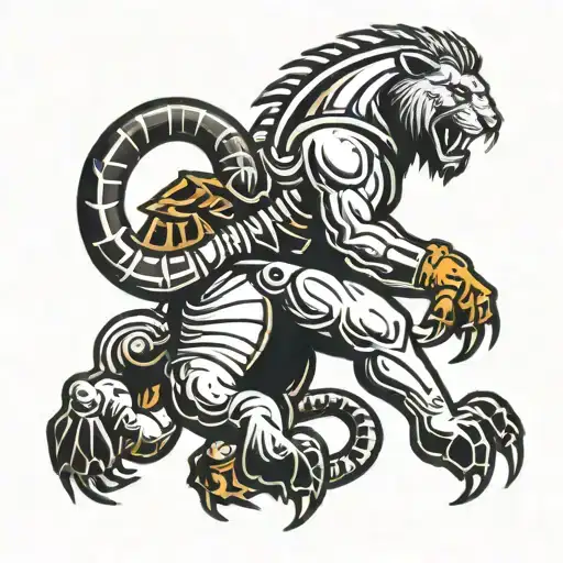 A scorpion playing a sport with a lion referee tattoo design idea