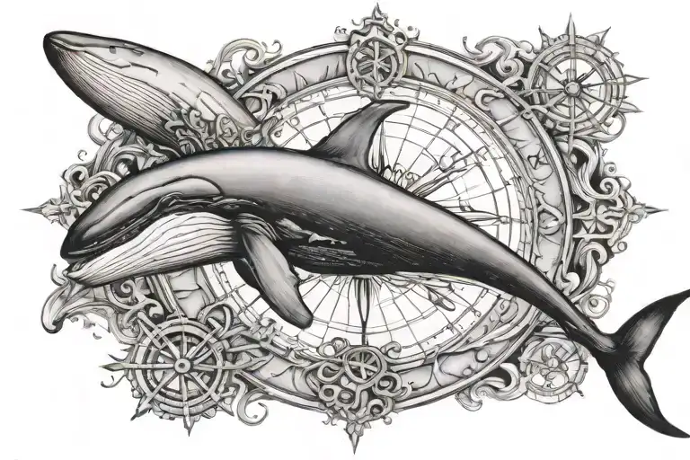 Whale 52 hertz whit Compass tattoo design idea