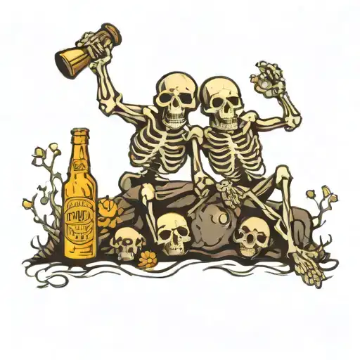 skeltons dancing around grave with beer bottle tattoo design idea