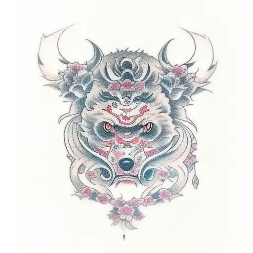 Full-arm tattoo in Japanese style, but with Russian motifs instead of a geisha - girls in a kokoshnik, bears, a Kalashni tattoo design idea