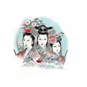 Full-arm tattoo in Japanese style, but with Russian motifs instead of a geisha - girls in a kokoshnik, bears, a Kalashni tattoo design idea