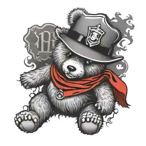 teddy bear wearing a red scarf and nypd cop hat  tattoo design idea