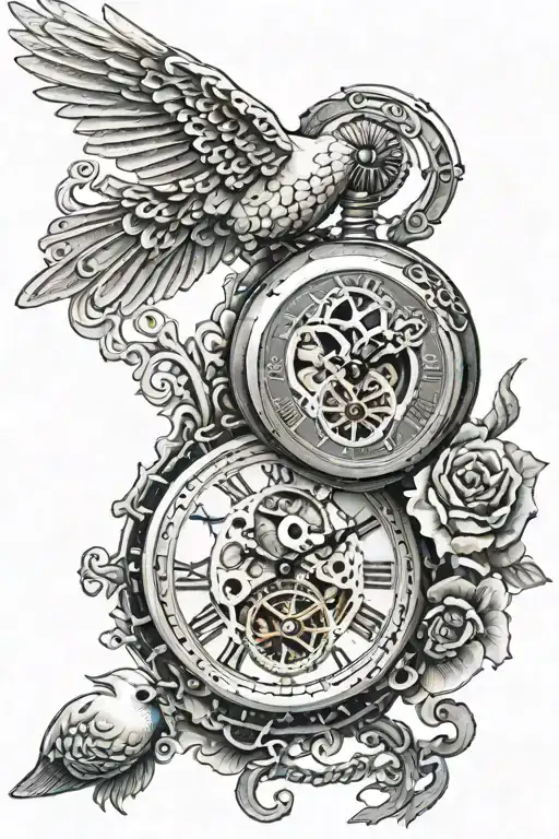 pocket watch with gears and dove flying crying woman tattoo design idea
