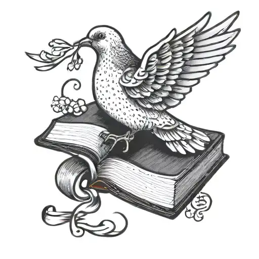 A detailed blackwork tattoo of a dove carrying an open Bible in its beak tattoo design idea
