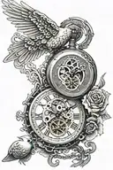 pocket watch with gears and dove flying crying woman tattoo design idea