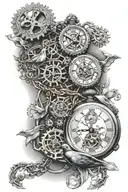 pocket watch with gears and dove flying crying woman tattoo design idea