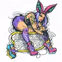 Sexy Woman with High heels fishnet stockings, bunny ears, posing Seductively. Bunny girl outfit, corset, big cleavage. tattoo design idea