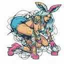 Sexy Woman with High heels fishnet stockings, bunny ears, posing Seductively. Bunny girl outfit, corset, big cleavage. tattoo design idea