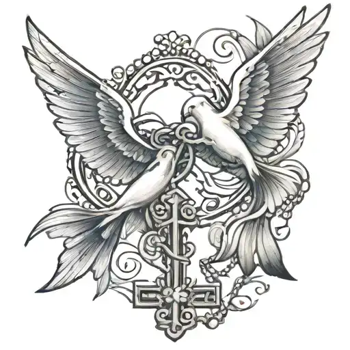 Two Doves Flying Cross Rosary wrapped loosely tattoo design idea