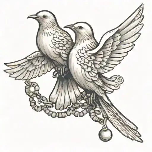 Two Doves Flying Rosary beads intertwined tattoo design idea