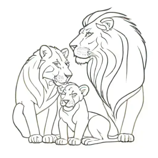 Lion family : father, mother,son & daughter sitting tattoo design idea