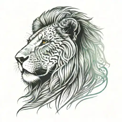 the face of a lion with green eyes and containing طرب (Tarab), the symbol of Leo and a half-hidden letter S (his love) tattoo design idea