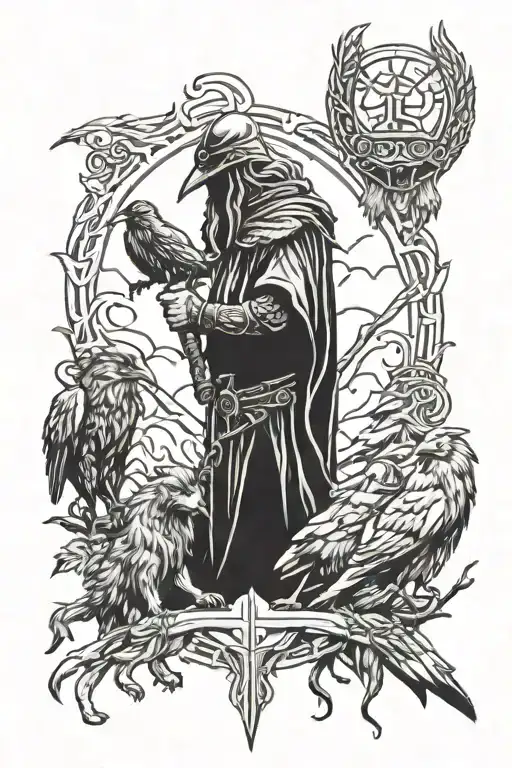 Odin with ravens and wolves  tattoo design idea