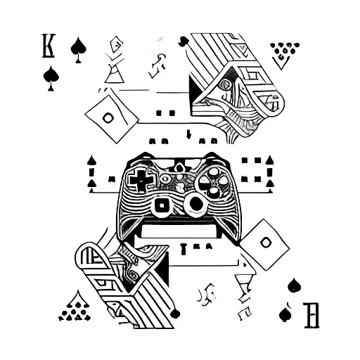 A minimalist tattoo of a video game controller merged with a deck of cards. tattoo design idea