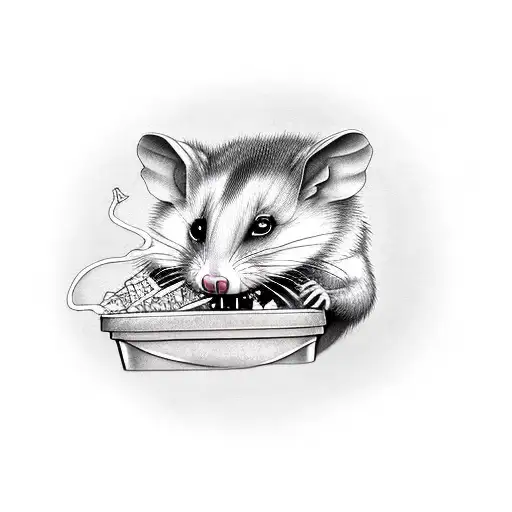 opossum hissing and eating trash tattoo design idea