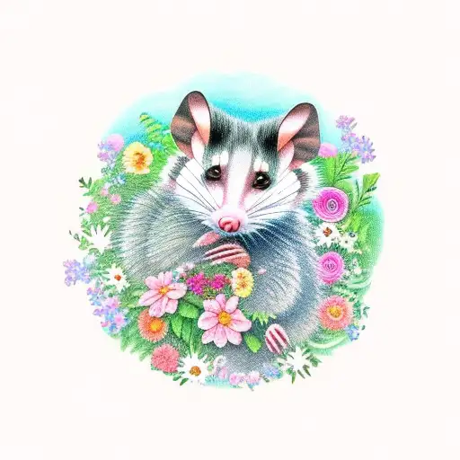 opossum surrounded by greenery and flowers, all within a round border tattoo design idea