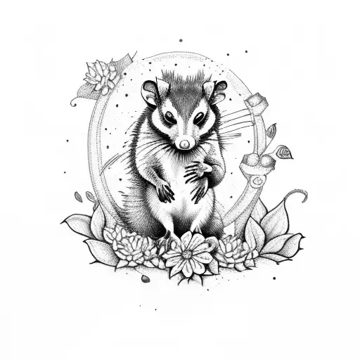 hissing opossum, baby opossum, flowers and plants tattoo design idea