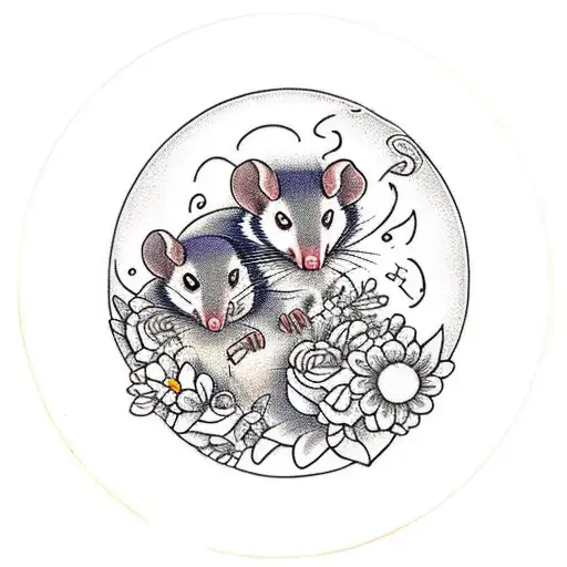 hissing opossum with baby opossum on it's back surrounded by greenery and flowers, all within a round border tattoo design idea