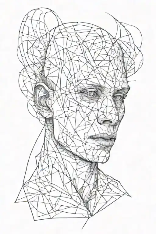 A surreal scary portrait with Lines Turning into a pattern tattoo design idea