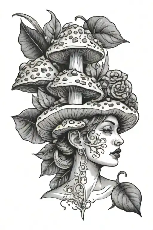 mushroom head on lady body surrounded by philodendron tattoo design idea