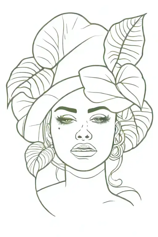 mushroom head on lady body with monstera leaves tattoo design idea