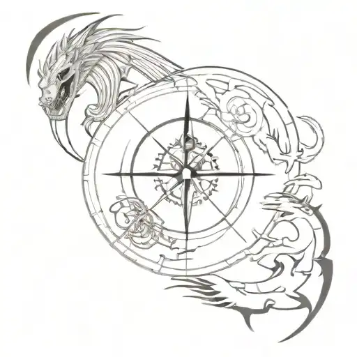 a compass: at north ouroboros, at east a dragon, at south quetzalcoatl, west cerberus tattoo design idea
