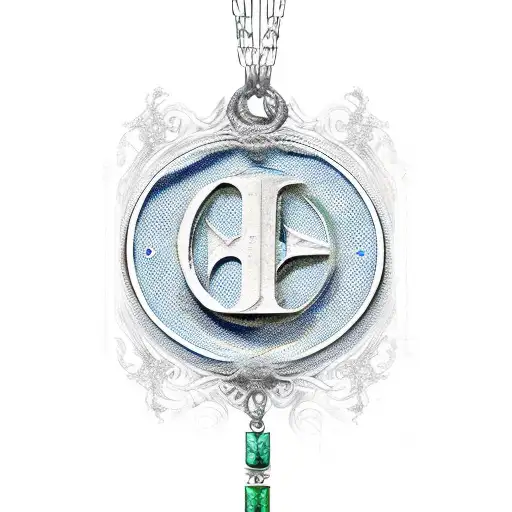 Roman numerals of May 24, 2023 wrapped with a black string necklace with a circle charm colored half blue and half green tattoo design idea