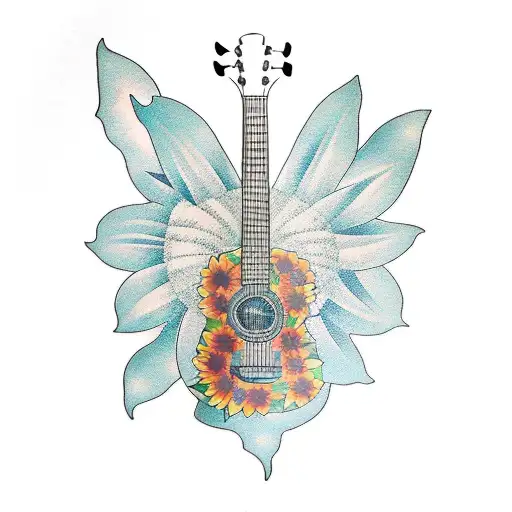 guitar with sunflower through strings and butterfly  tattoo design idea