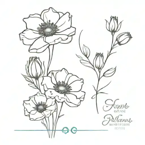 cherry blossom, poppy, aster, chrysanthemum long stemmed bouquet tattoo design idea