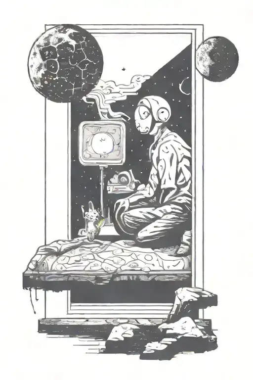 man siting next to an open door and seeing through the universe tattoo design idea