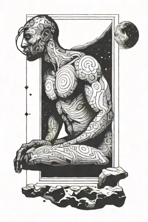 man siting next to an open door and seeing through the universe tattoo design idea