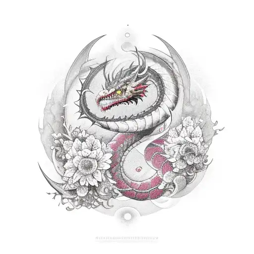 ouroboros dragon with cherry blossom flowers and outer space tattoo design idea