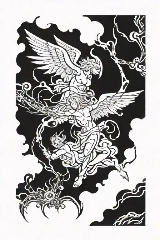 cherubim angels vs demons trippy Abstract lineart with Hidden tattoo design idea