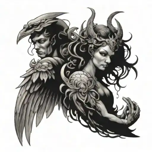 cherubim angels vs demons trippy lineart tattoo design idea