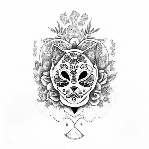 black cat with paw resting on sugar skull, intricate, day of the dead style patterns tattoo design idea