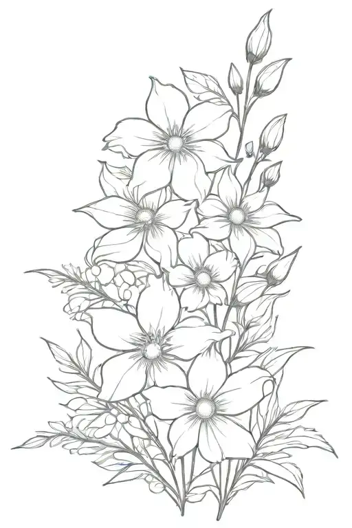 larkspur flower, daisy flower,sweet pea flower bouquet tattoo design idea