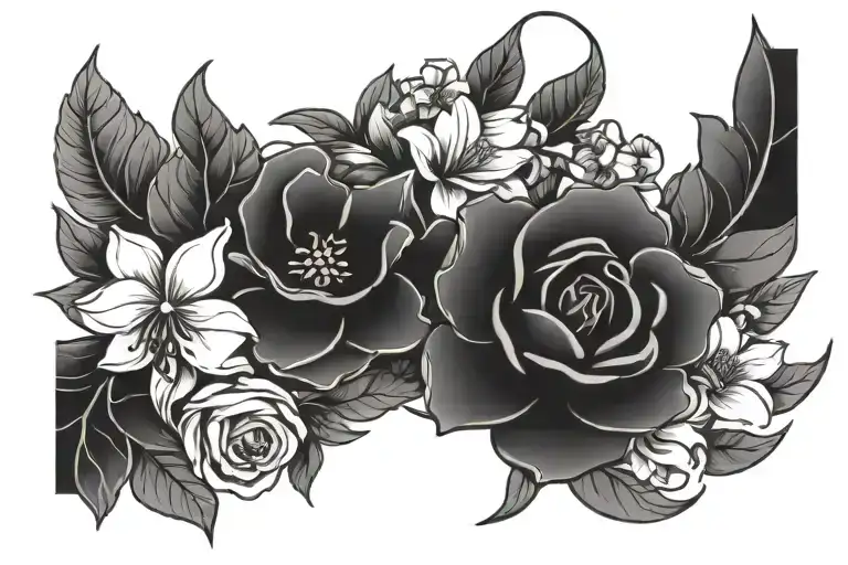999 black outline and flowers tattoo design idea