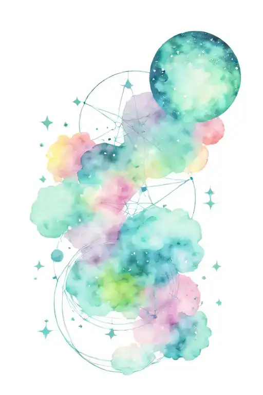 space, galaxy, planets, stars and nebulas, spells, magical, witchcraft  tattoo design idea