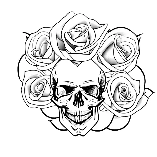 A skull with 2 roses one gose to the eye and the other breaks the upper base of the head tattoo design idea