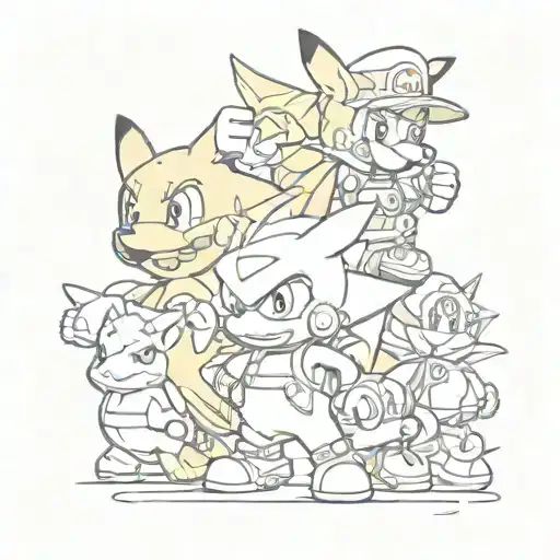 A tattoo design featuring a mashup of iconic video game characters from different franchises, such as Mario, Sonic, and Pikachu tattoo design idea