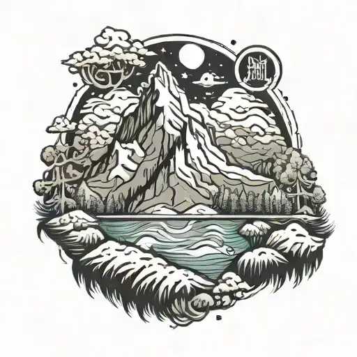 ice capped mountains, forests, water, Tamil letters T and Ma tattoo design idea