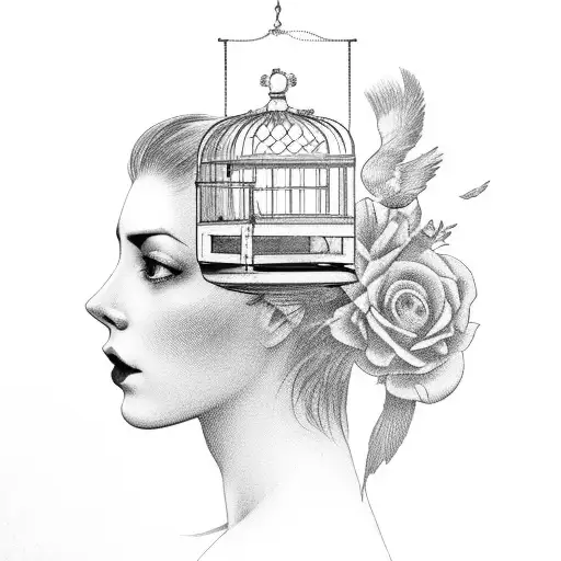 a woman's head in a vintage bird cage tattoo design idea