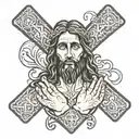 mano de Adán tocando a jesucristo con la cruz de Jesucristo  tattoo design idea